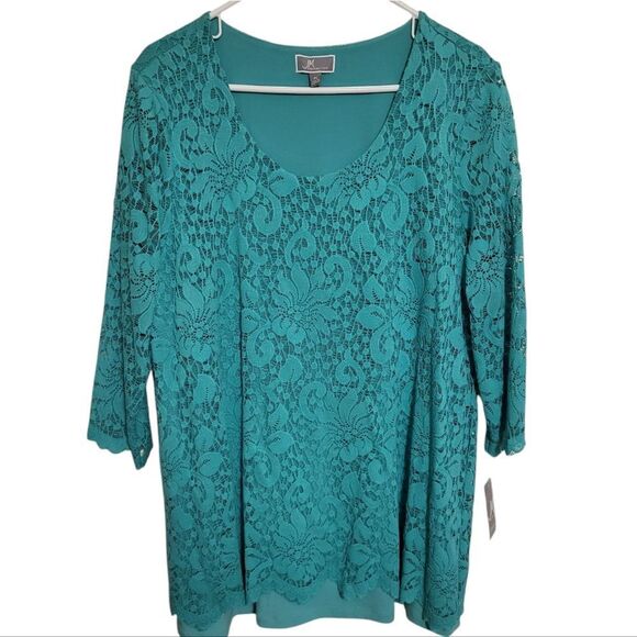 JM Collection Mermaid Green Lace Overlay Blouse, XL NEW w/Tag - Picture 1 of 11
